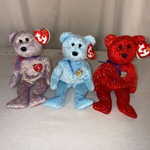 TY Beanie Baby Trio – Signature‎ 2001 & Decade 2003 Bears – Confetti, Blue & Red